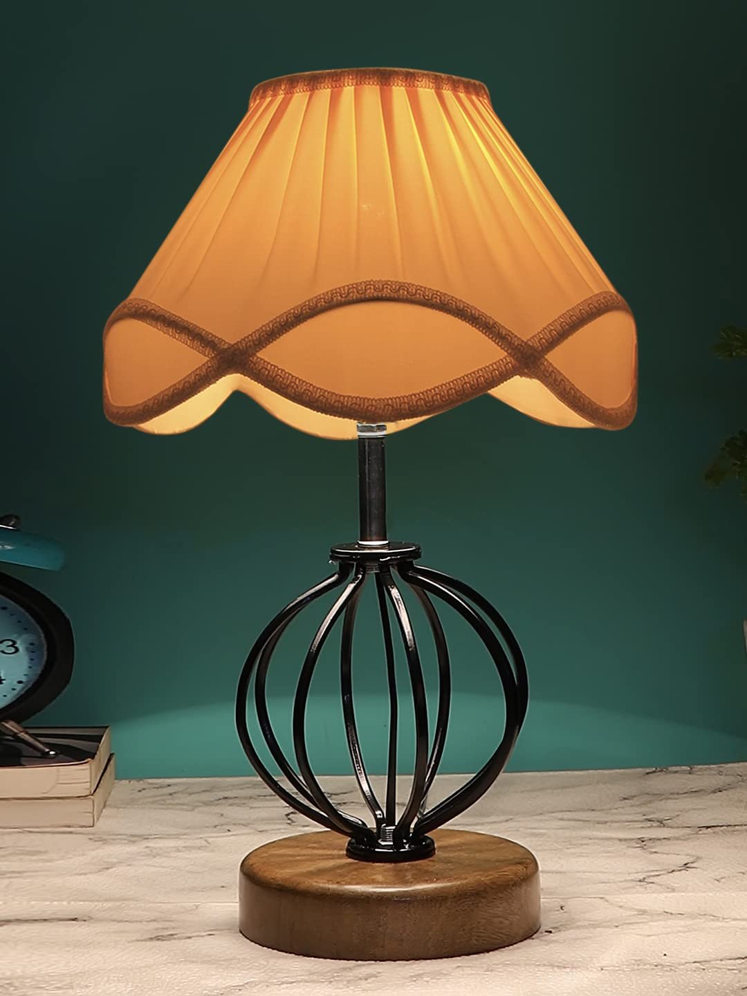 Off-White Vintage Cotton Table lamp with Iron & Wood Natural Base (12x17 inches)-48