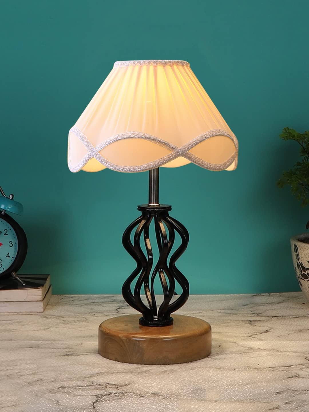 Off-White Vintage Cotton Table lamp with Iron & Wood Natural Base (12x17 inches)-50