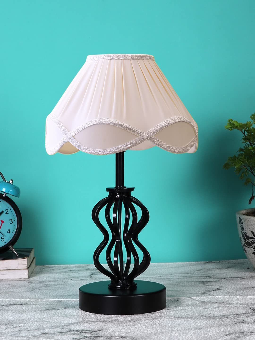 Off-White Vintage Cotton Table lamp with Iron & Wood Black Base (12x17 inches)-52