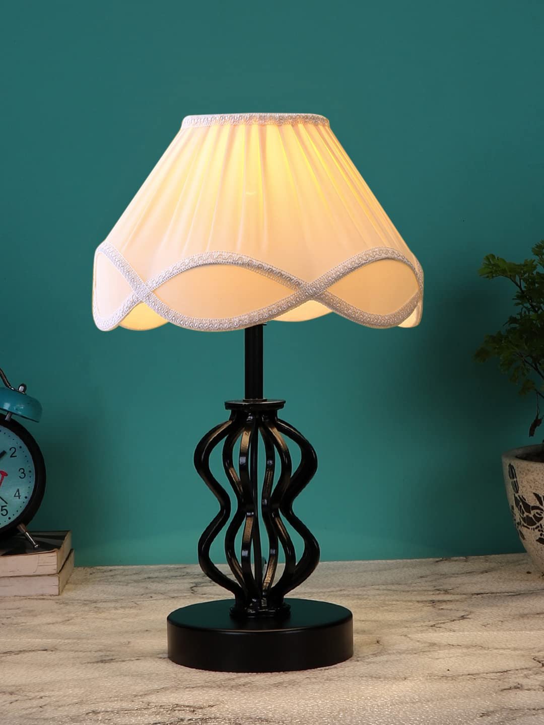 Off-White Vintage Cotton Table lamp with Iron & Wood Black Base (12x17 inches)-52