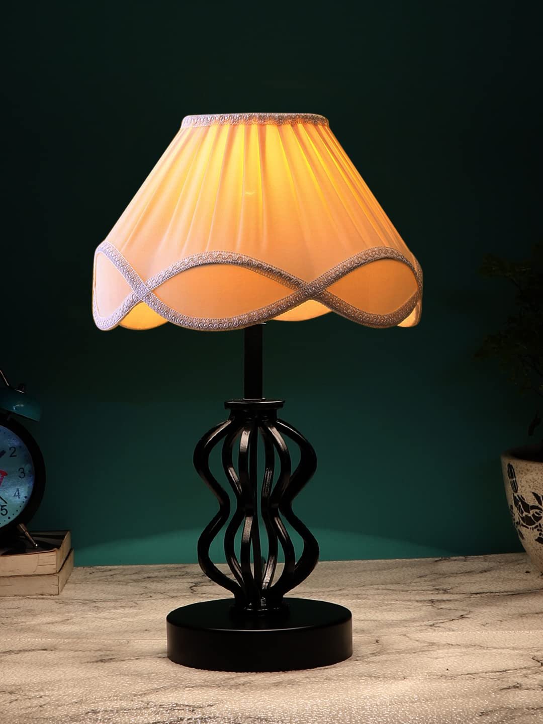 Off-White Vintage Cotton Table lamp with Iron & Wood Black Base (12x17 inches)-52