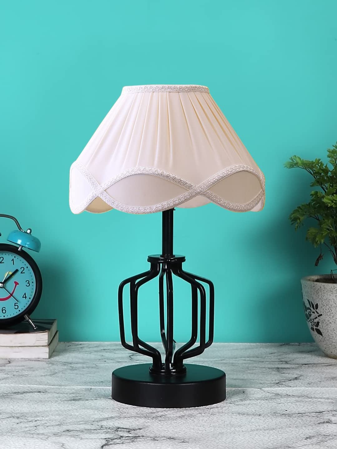Off-White Vintage Cotton Table lamp with Iron & Wood Black Base (12x17 inches)-56