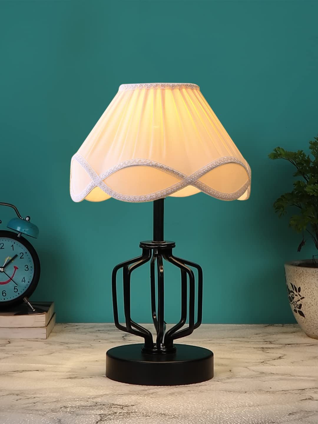 Off-White Vintage Cotton Table lamp with Iron & Wood Black Base (12x17 inches)-56