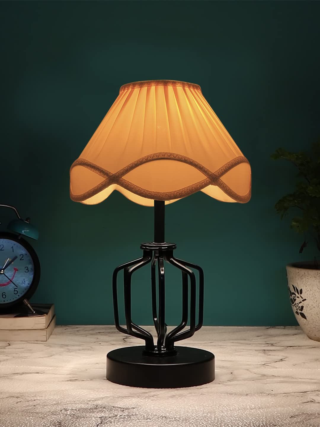 Off-White Vintage Cotton Table lamp with Iron & Wood Black Base (12x17 inches)-56