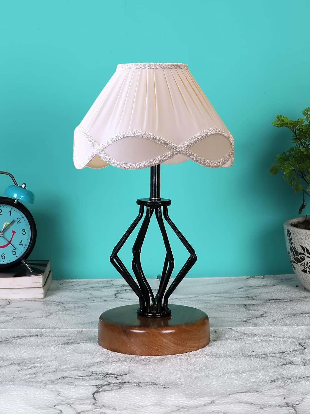 Off-White Vintage Cotton Table lamp with Iron & Wood Natural Base (12x17 inches)-58