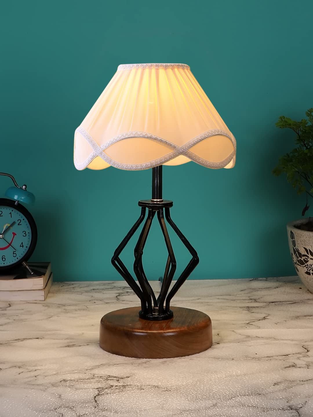 Off-White Vintage Cotton Table lamp with Iron & Wood Natural Base (12x17 inches)-58