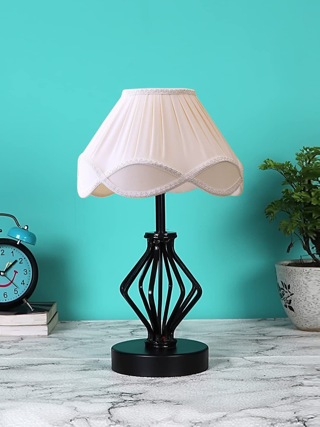 Off-White Vintage Cotton Table lamp with Iron & Wood Black Base (12x17 inches)-60