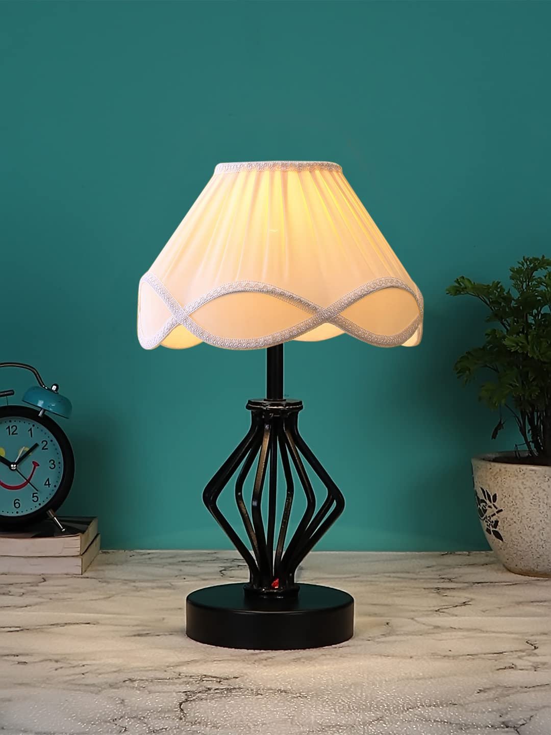 Off-White Vintage Cotton Table lamp with Iron & Wood Black Base (12x17 inches)-60
