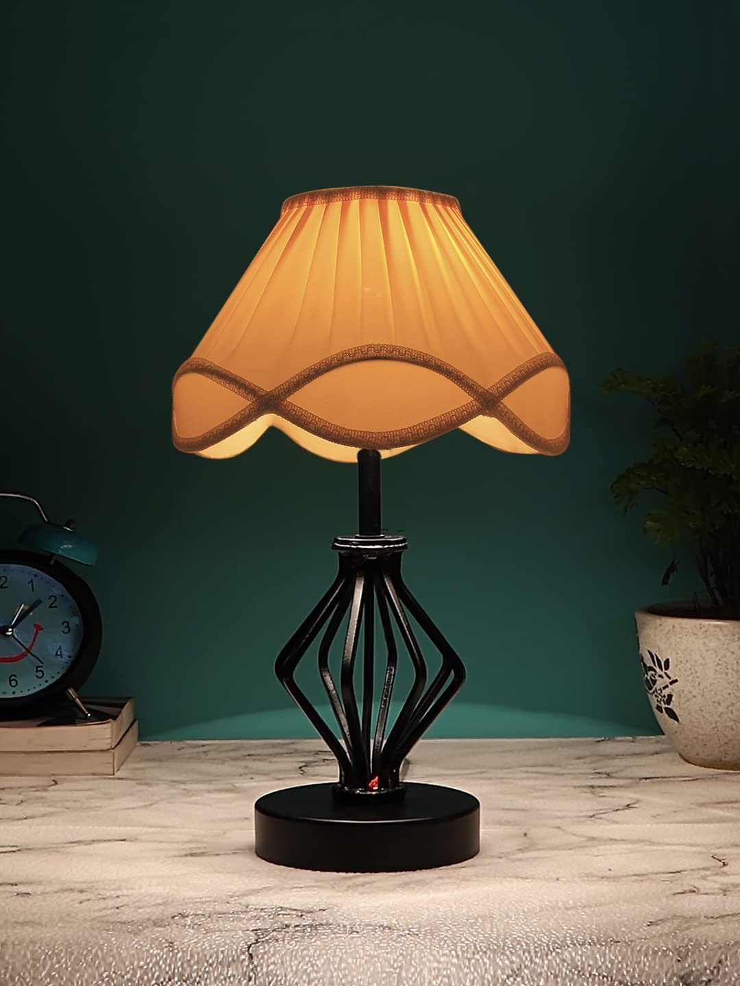 Off-White Vintage Cotton Table lamp with Iron & Wood Black Base (12x17 inches)-60