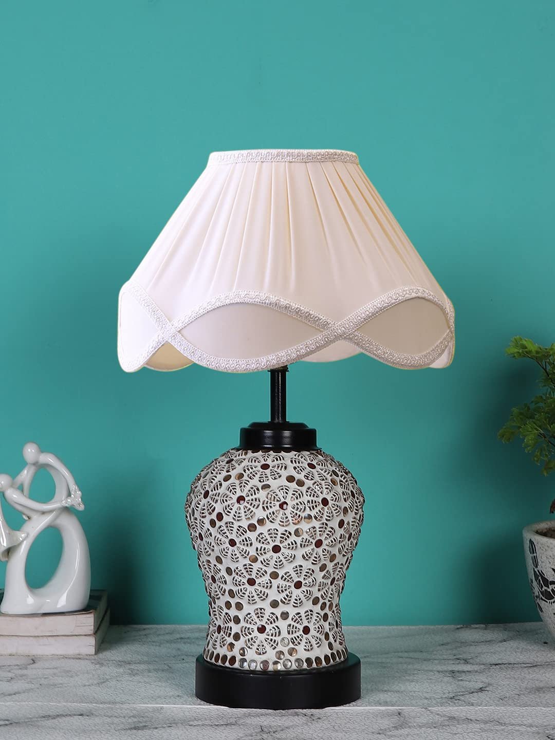 Off-White Vintage Cotton Table lamp with Glass & Wood Black Base (12x15.25 inches)-62