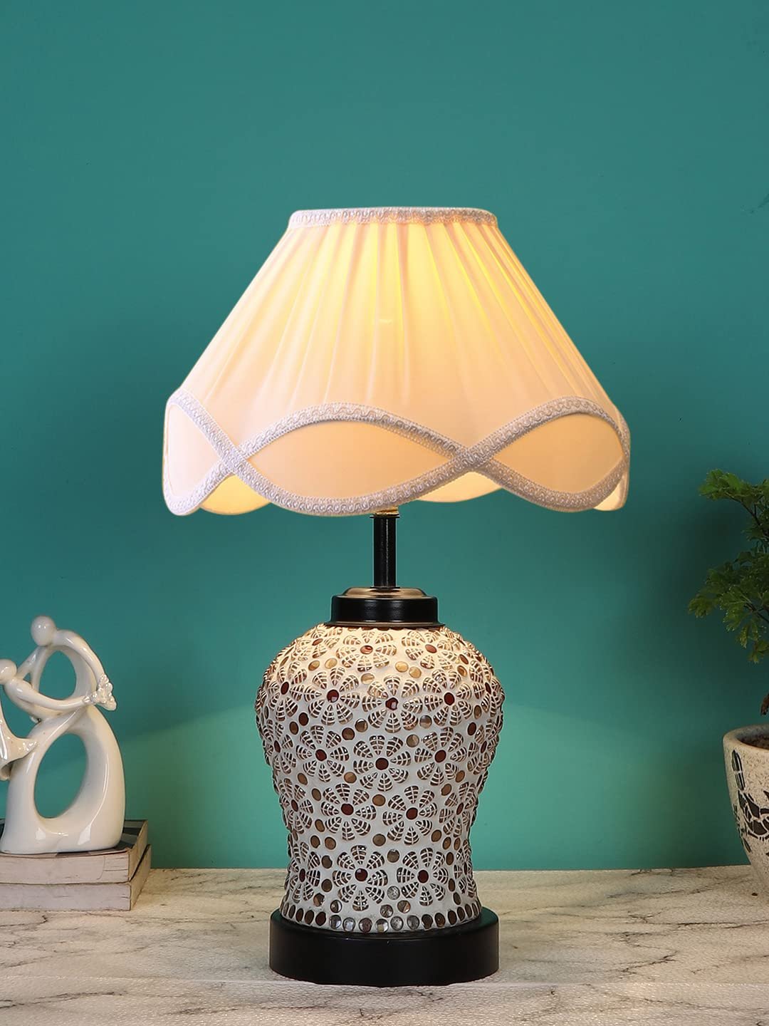 Off-White Vintage Cotton Table lamp with Glass & Wood Black Base (12x15.25 inches)-62