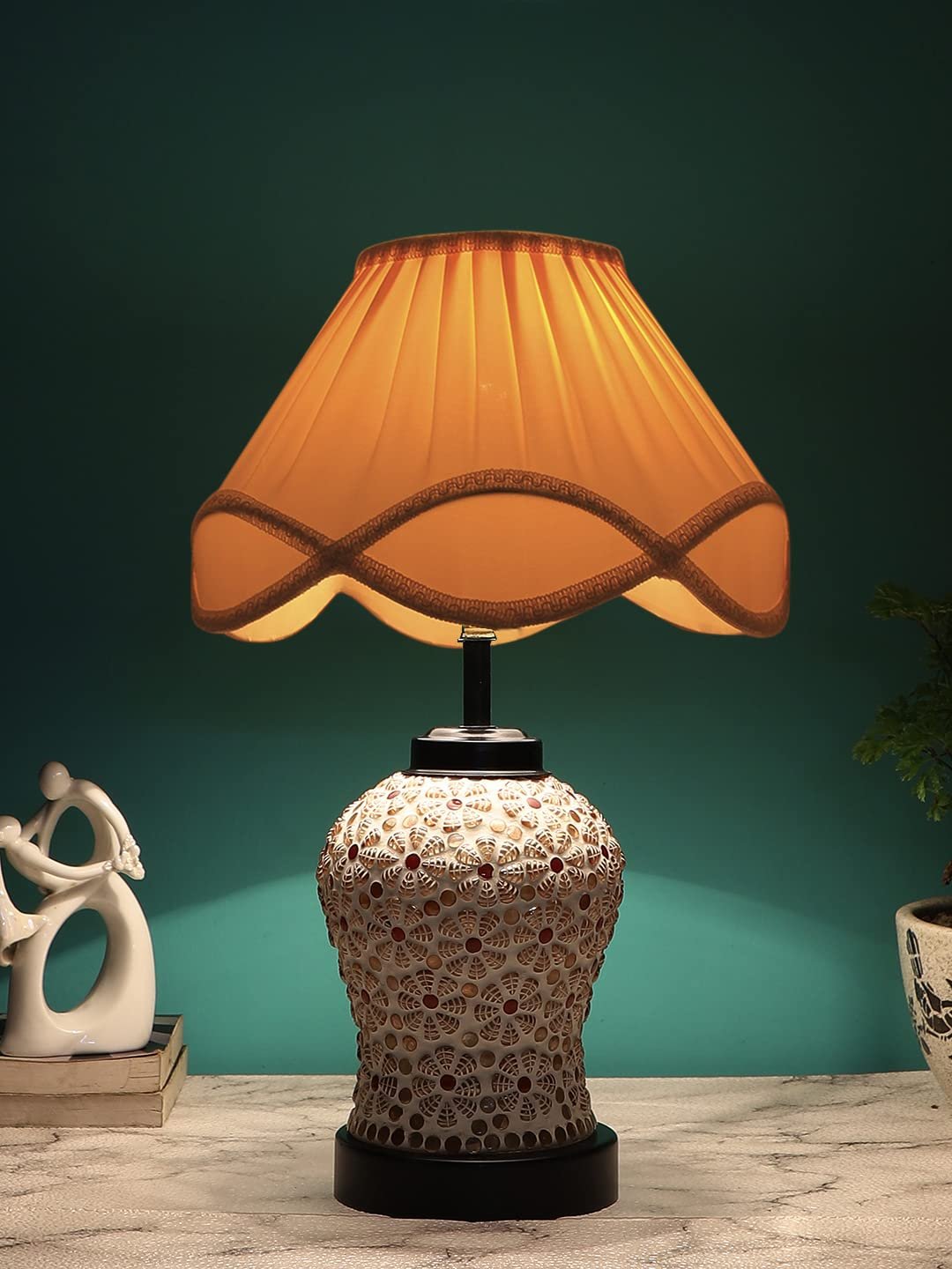 Off-White Vintage Cotton Table lamp with Glass & Wood Black Base (12x15.25 inches)-62