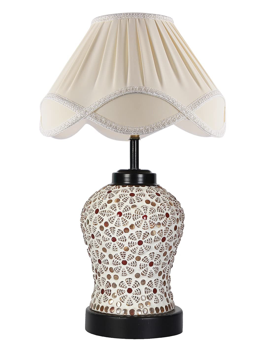 Off-White Vintage Cotton Table lamp with Glass & Wood Black Base (12x15.25 inches)-62