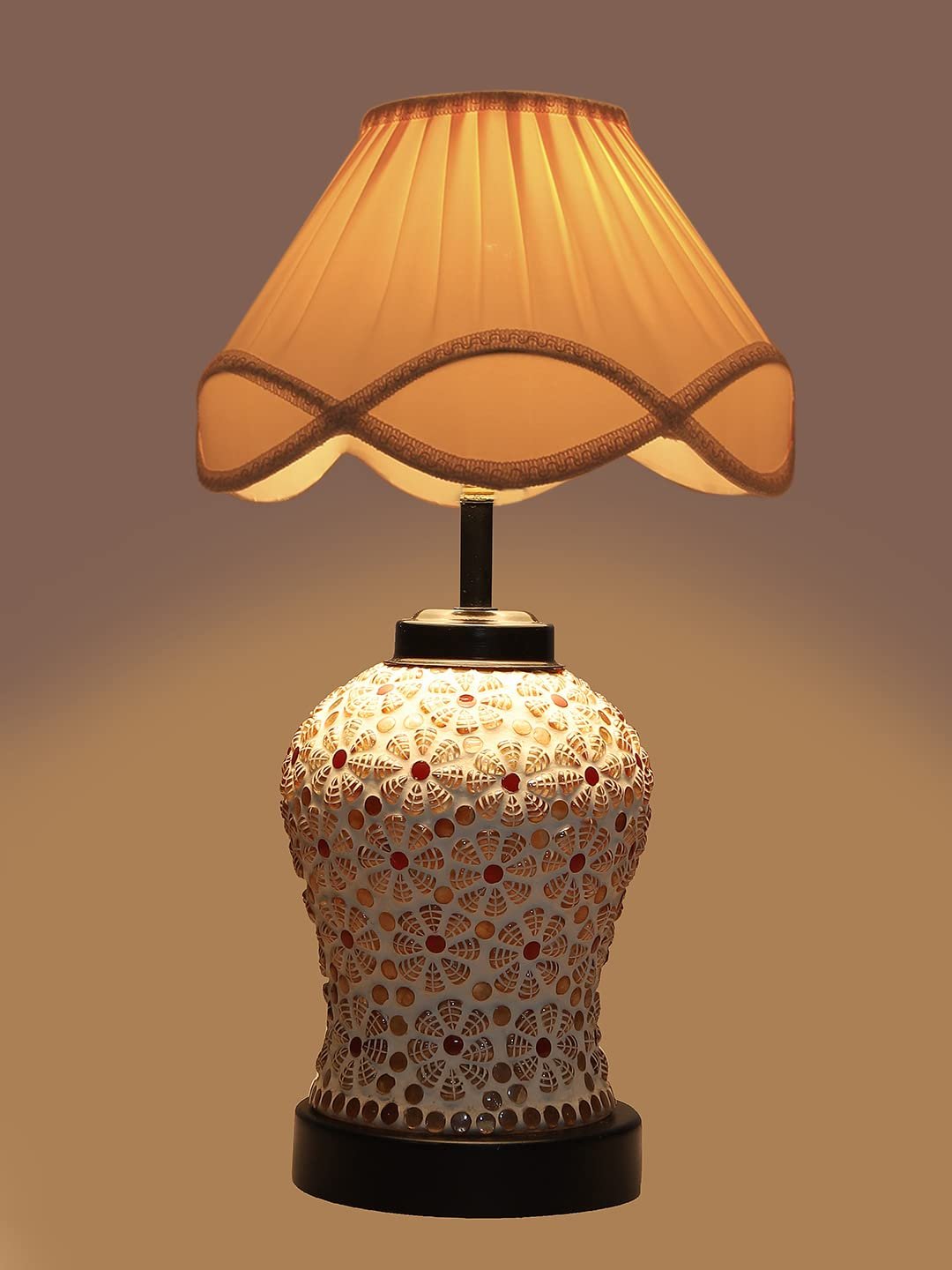 Off-White Vintage Cotton Table lamp with Glass & Wood Black Base (12x15.25 inches)-62