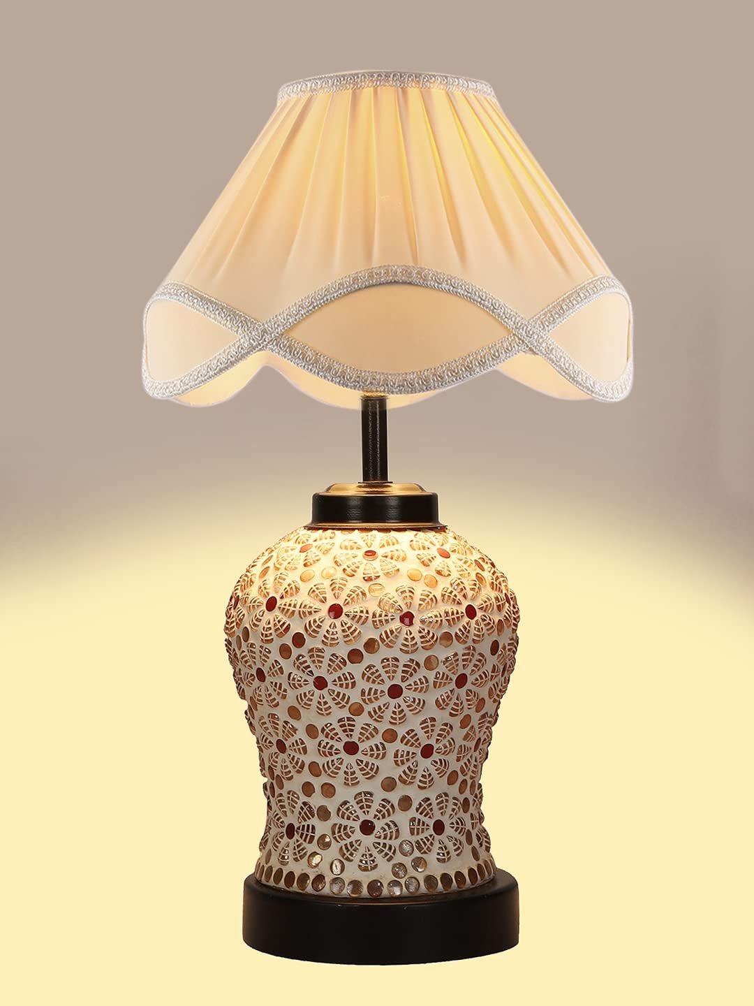 Off-White Vintage Cotton Table lamp with Glass & Wood Black Base (12x15.25 inches)-62