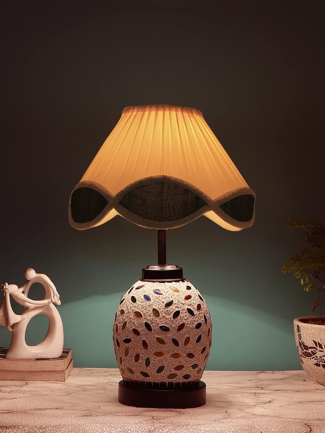 Off-White Vintage Cotton Table lamp with Glass & Wood Black Base (12x15.25 inches)-64