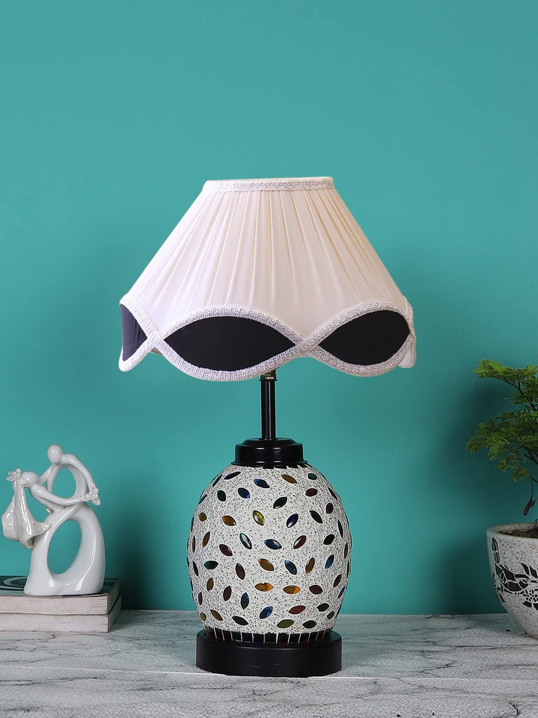 Off-White Vintage Cotton Table lamp with Glass & Wood Black Base (12x15.25 inches)-64