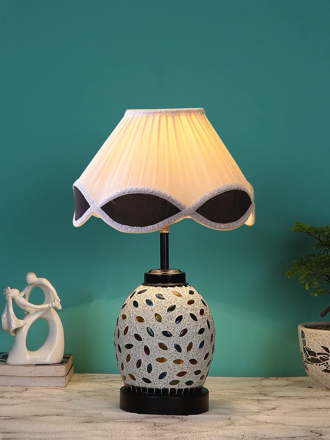 Off-White Vintage Cotton Table lamp with Glass & Wood Black Base (12x15.25 inches)-64