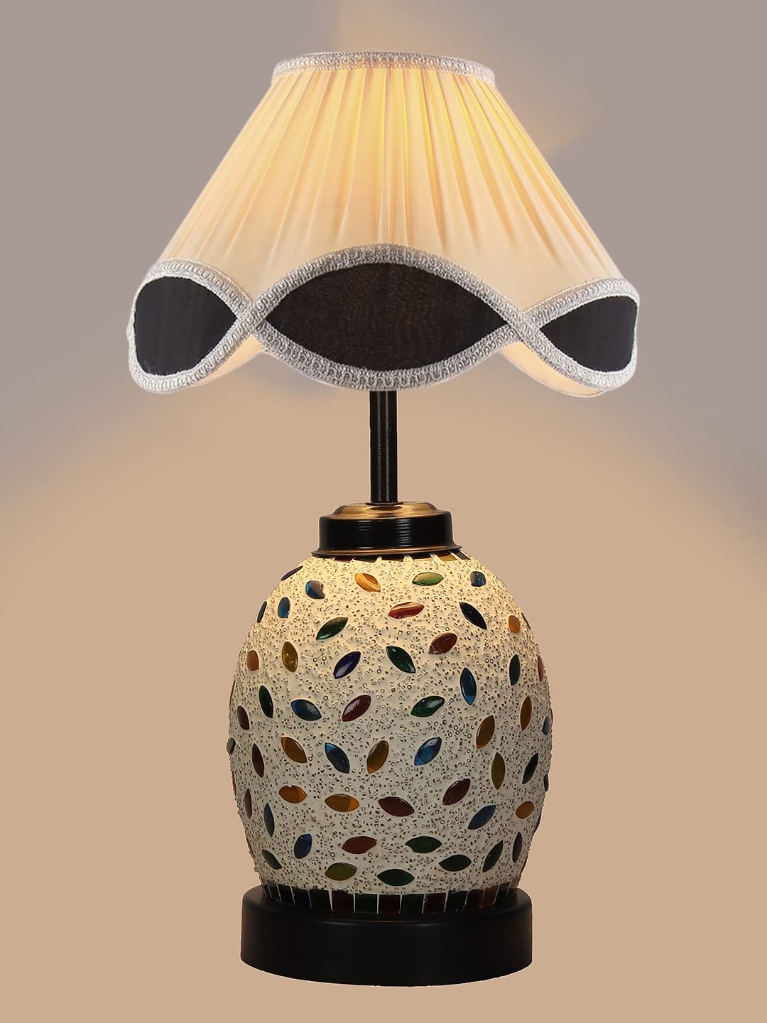 Off-White Vintage Cotton Table lamp with Glass & Wood Black Base (12x15.25 inches)-64