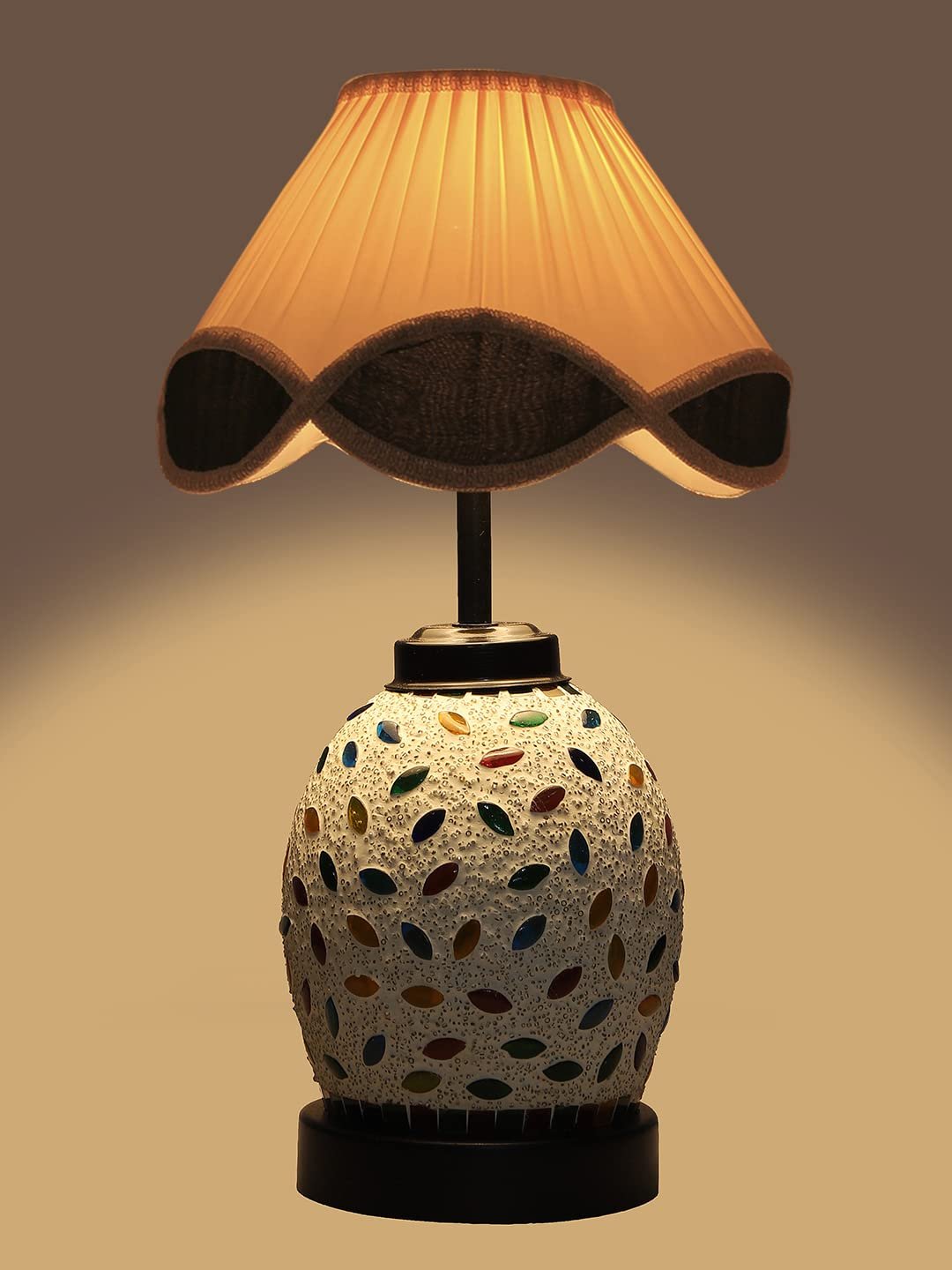 Off-White Vintage Cotton Table lamp with Glass & Wood Black Base (12x15.25 inches)-64