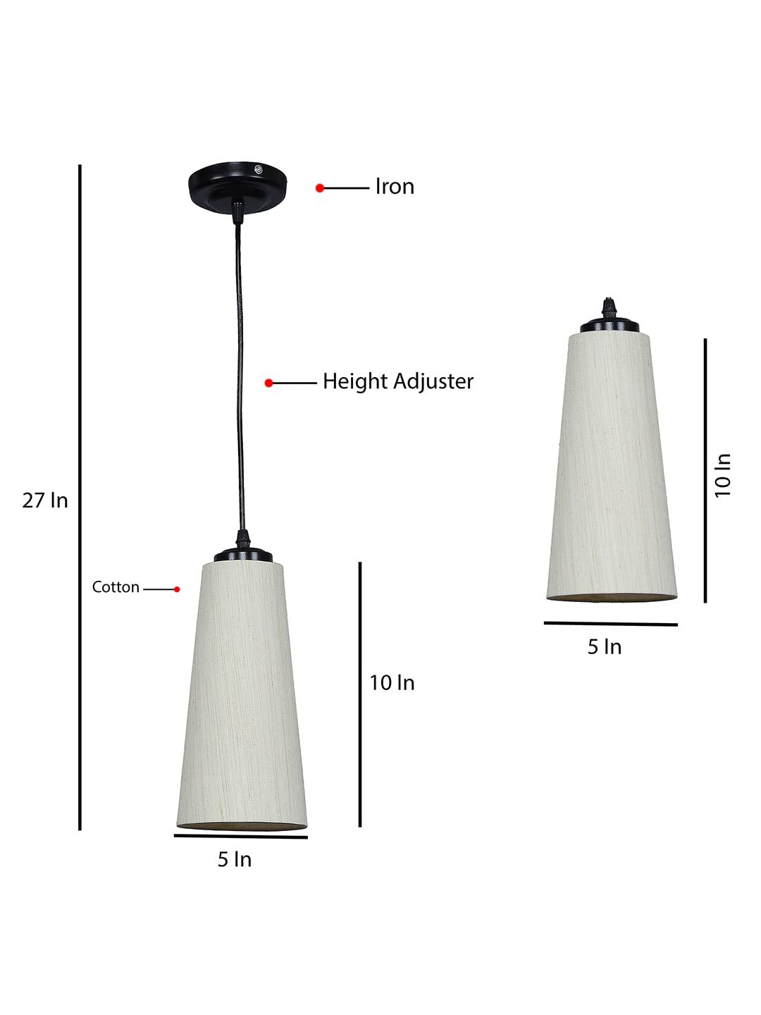 Off-White Cotton Shade Hanging Lamp - (5x21 inches) Height Adjsutable