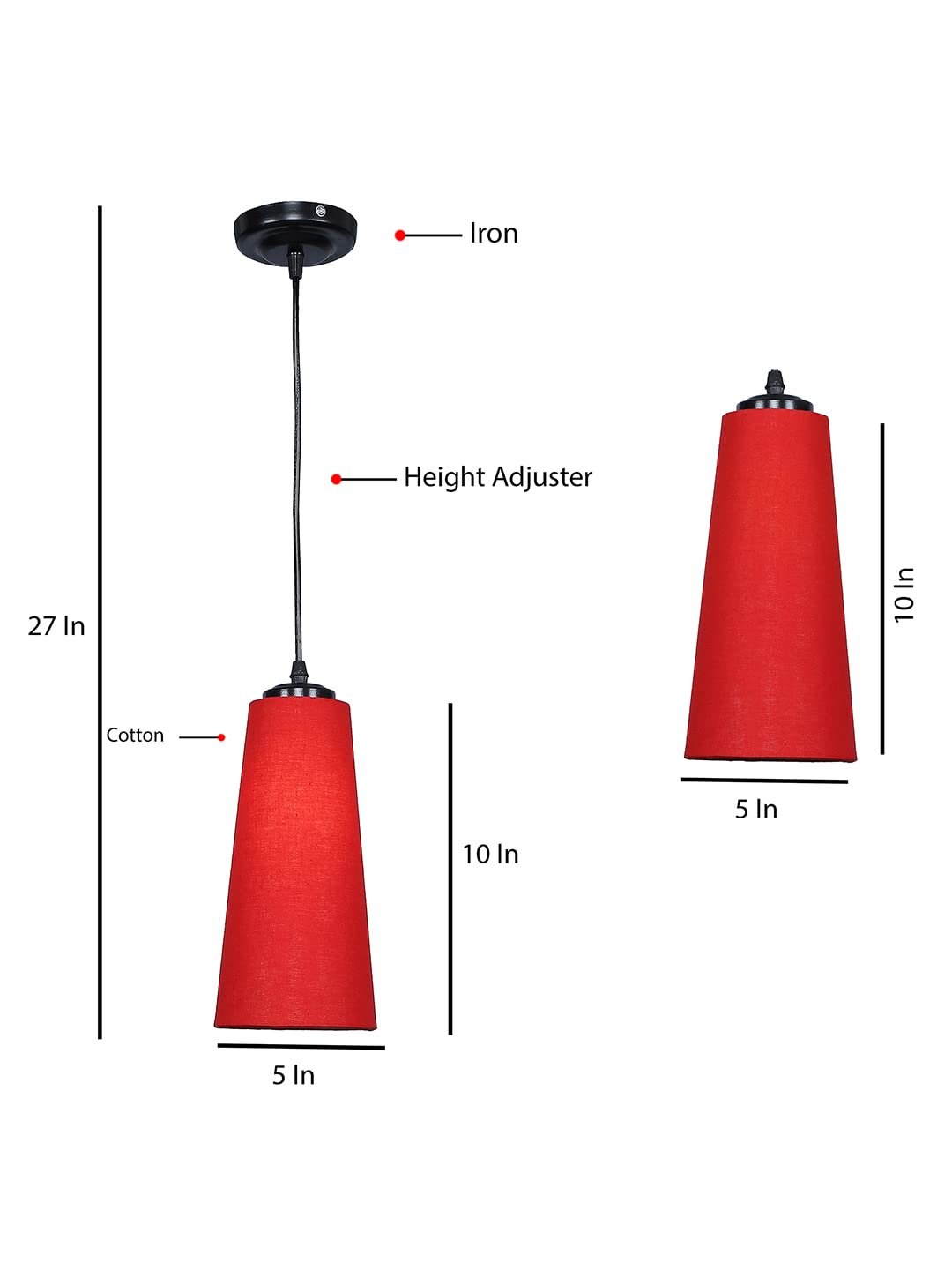 Red Cotton Shade Hanging Lamp - (5x21 inches) Height Adjsutable