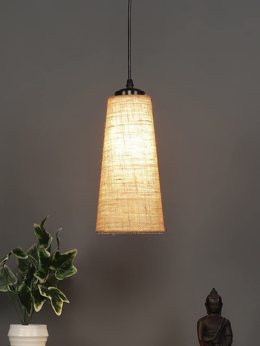 Beige Jute Shade Hanging Lamp - (5x21 inches) Height Adjsutable