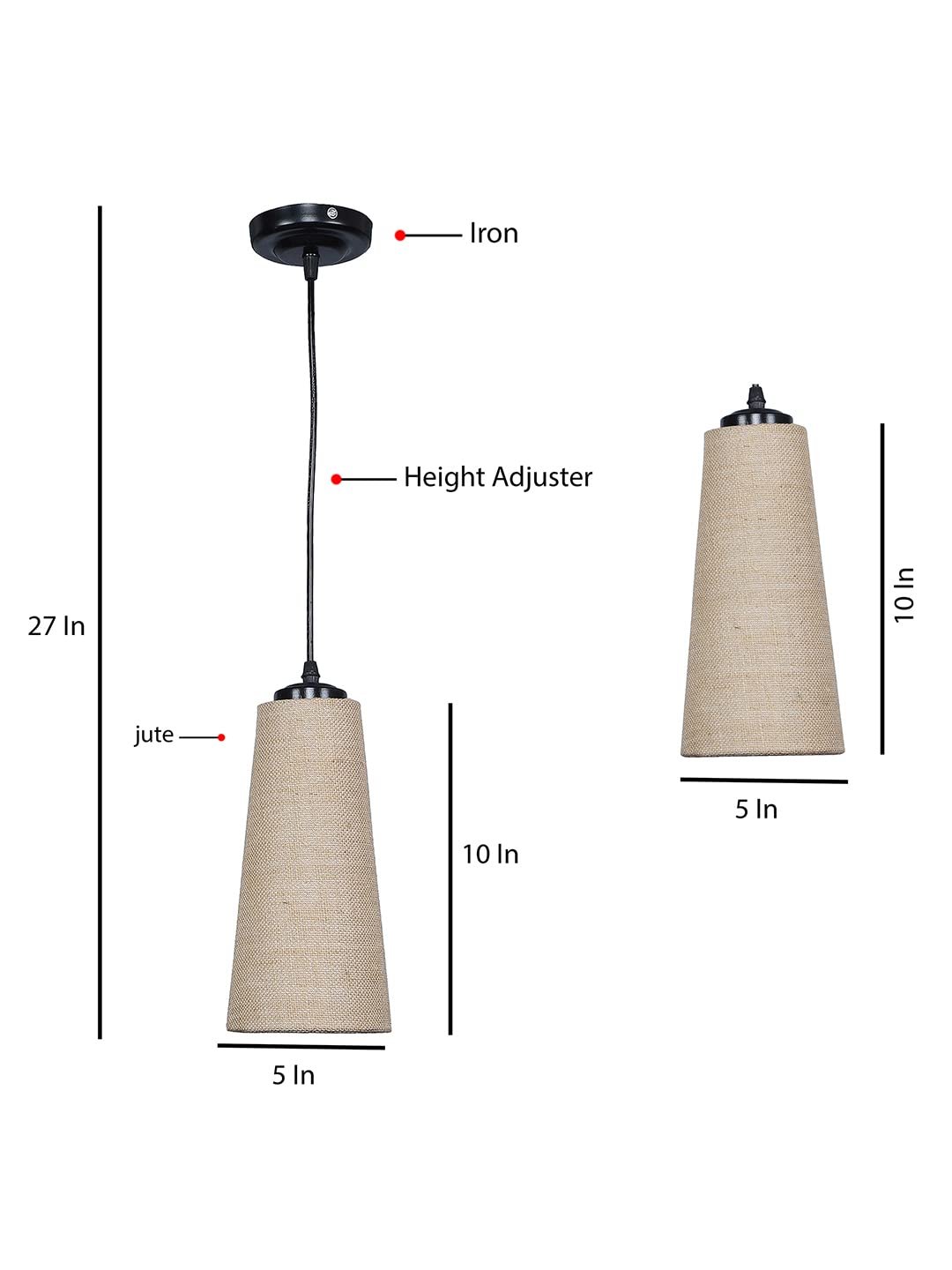 Beige Jute Shade Hanging Lamp - (5x21 inches) Height Adjsutable