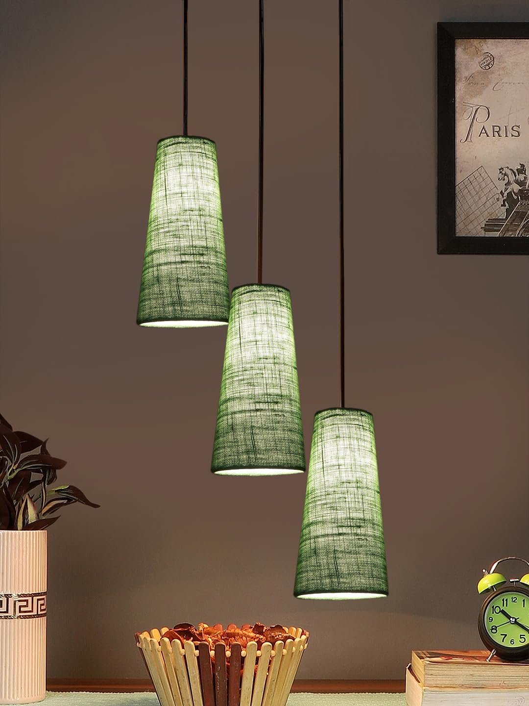 Green Jute Cluster Hanging Lamp - - (10x21 inches) Height Adjsutable