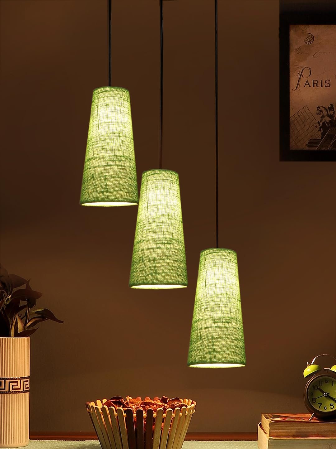 Green Jute Cluster Hanging Lamp - - (10x21 inches) Height Adjsutable