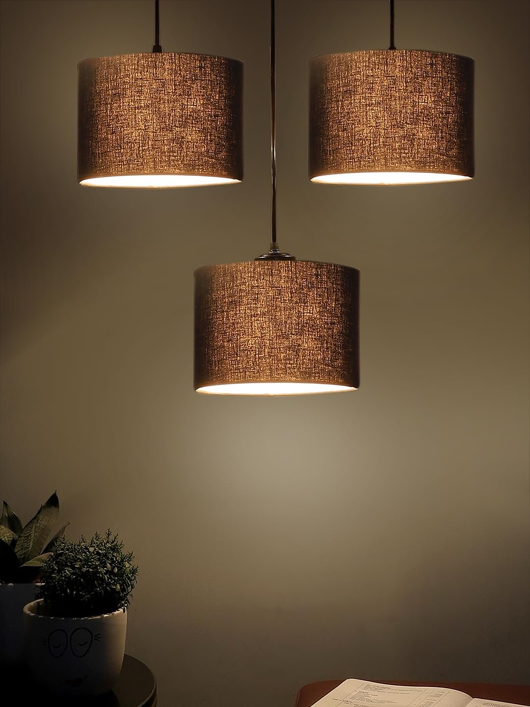 Black Cotton Round Drum Cluster Hanging Lamp (15X3.25X20) Inches