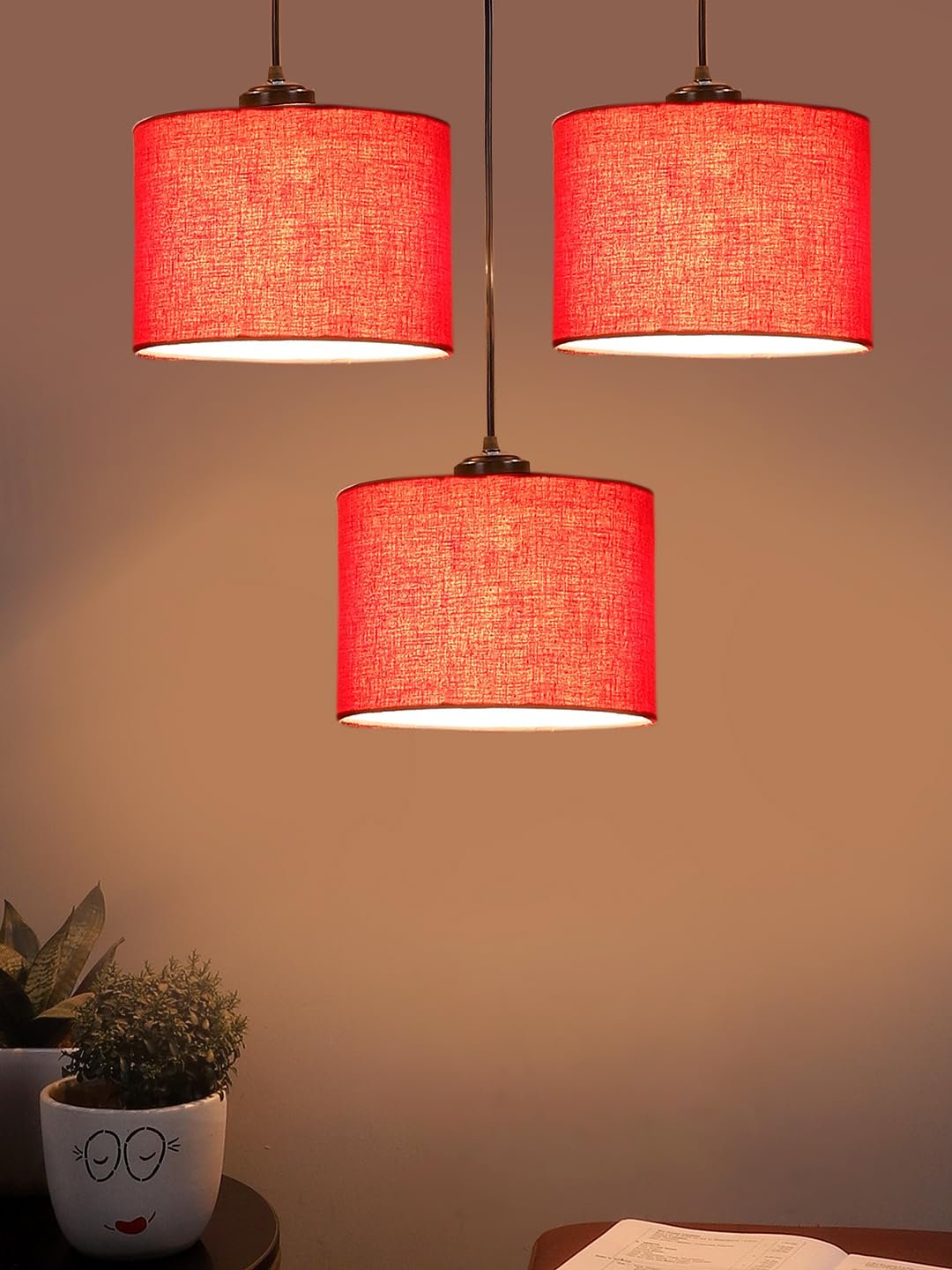 Red Cotton Round Drum Cluster Hanging Lamp (15X3.25X20) Inches