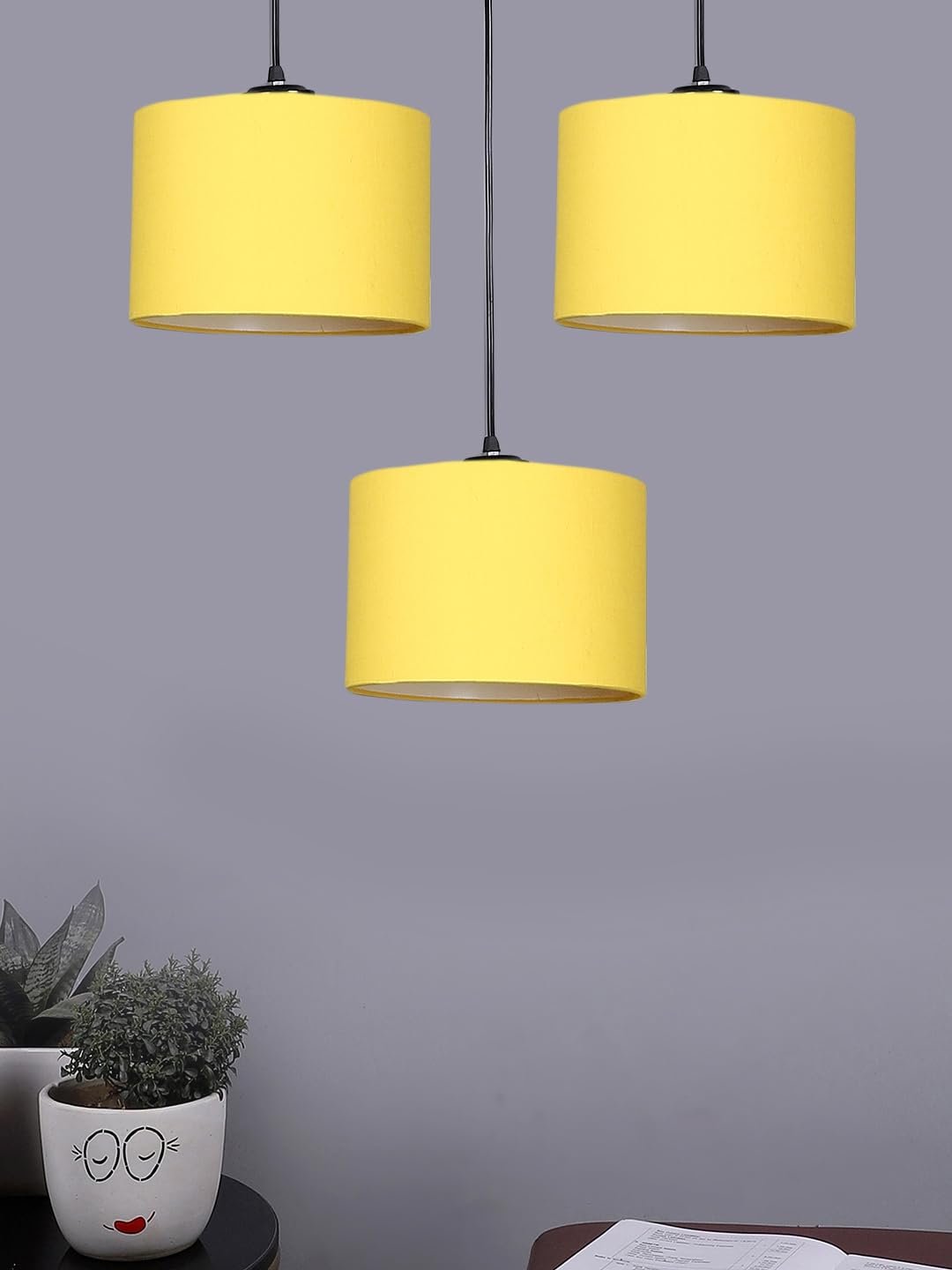 Yellow Cotton Round Drum Cluster Hanging Lamp (15X3.25X20) Inches