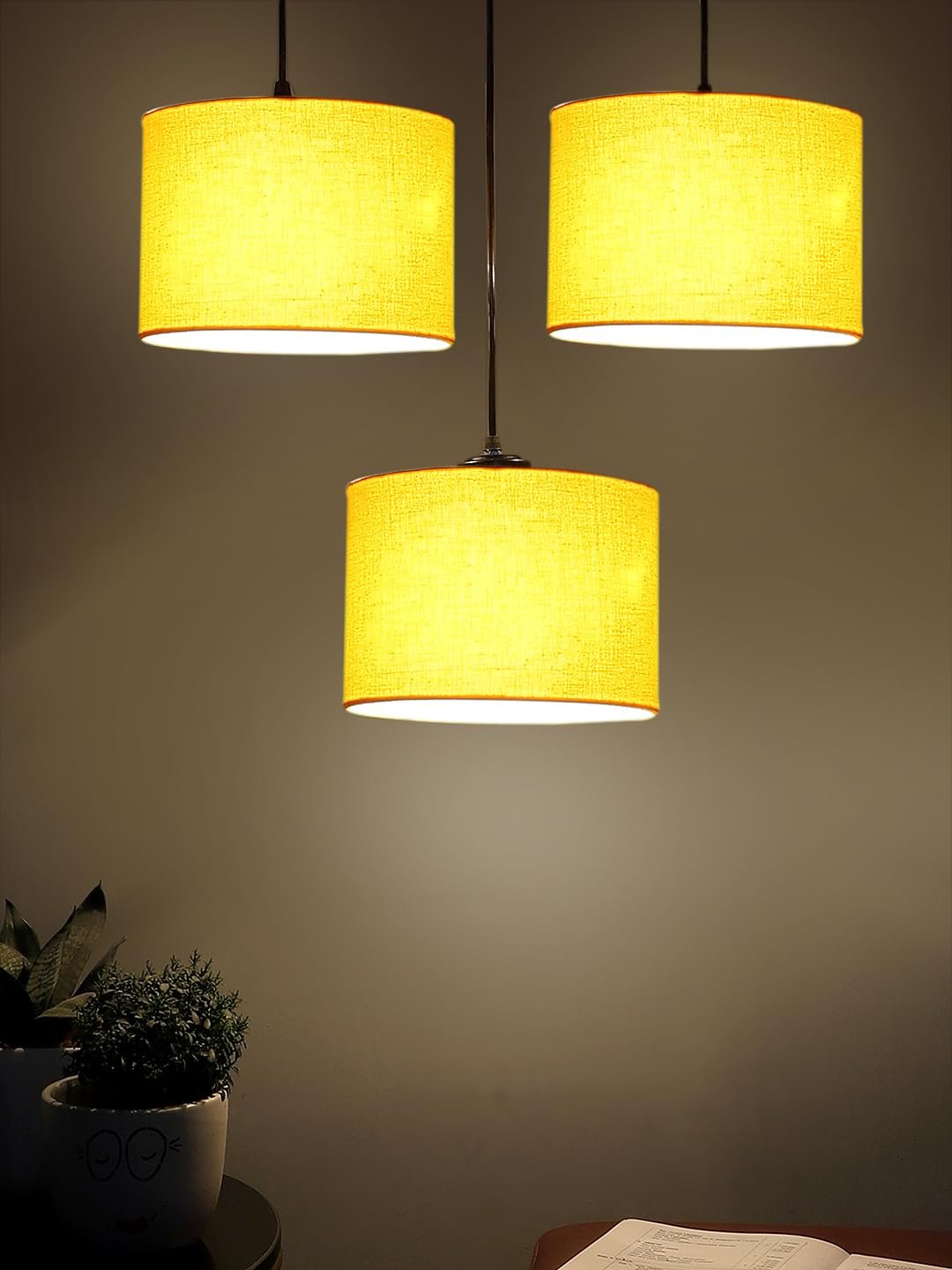 Yellow Cotton Round Drum Cluster Hanging Lamp (15X3.25X20) Inches