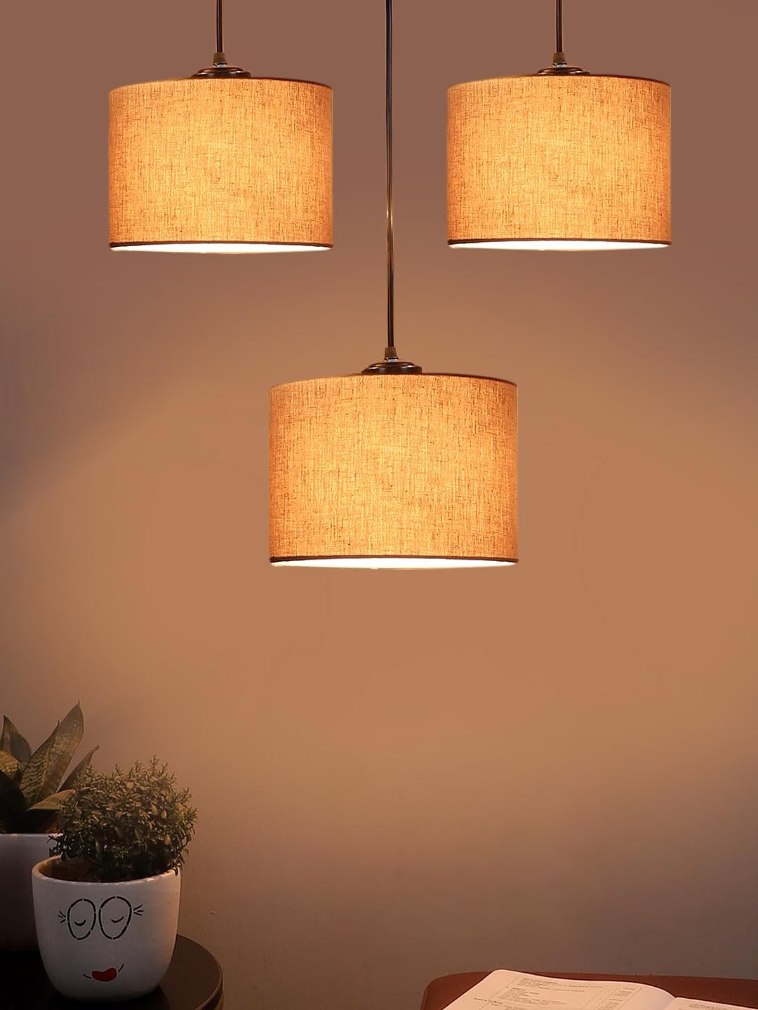 Grey Cotton Round Drum Cluster Hanging Lamp (15X3.25X20) Inches