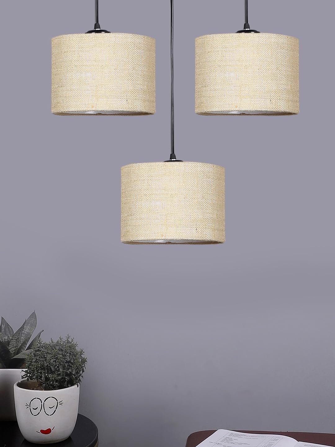 Beige Jute Round Drum Cluster Hanging Lamp (15X3.25X20) Inches