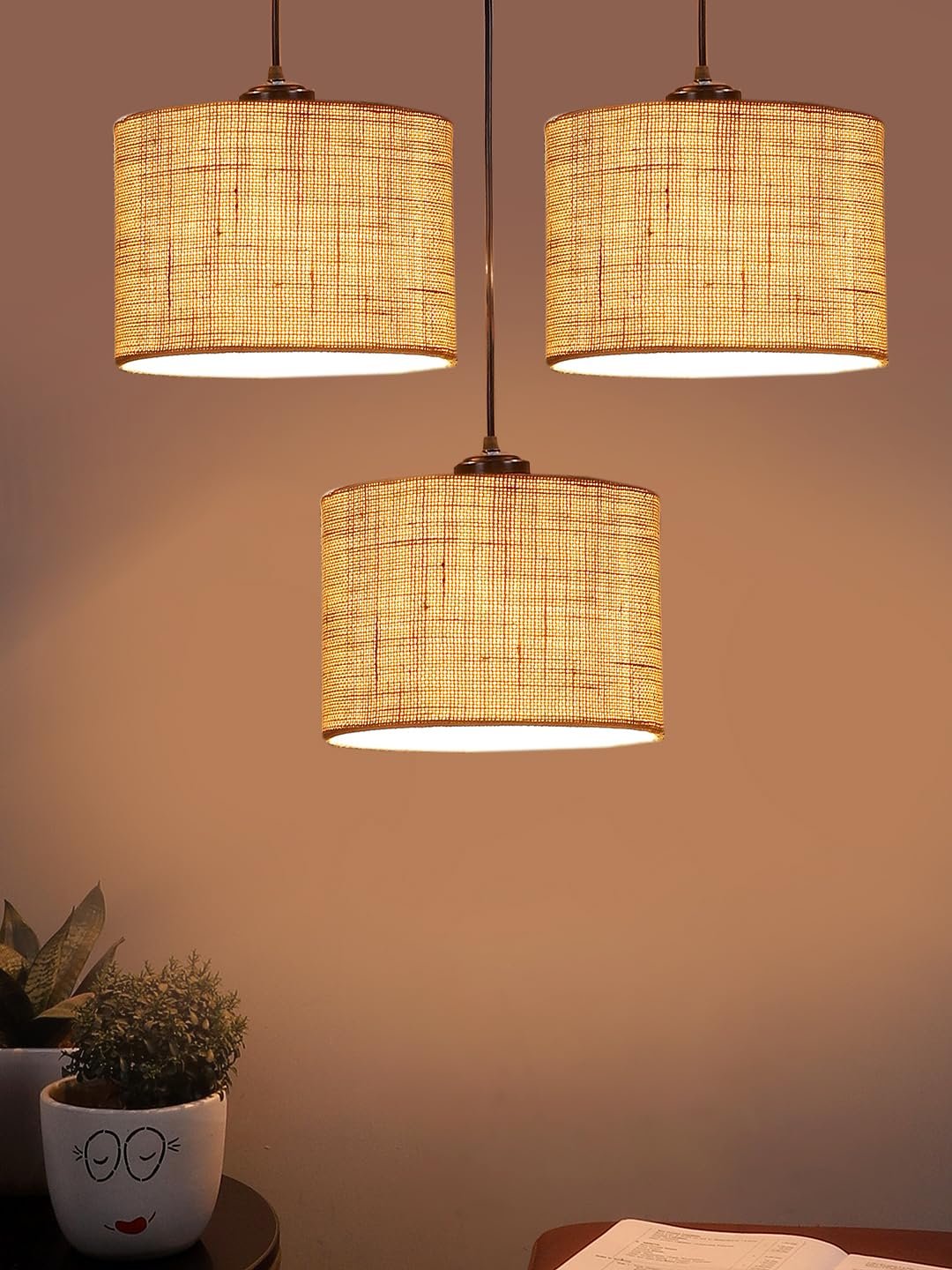 White Jute Round Drum Cluster Hanging Lamp (15X3.25X20) Inches
