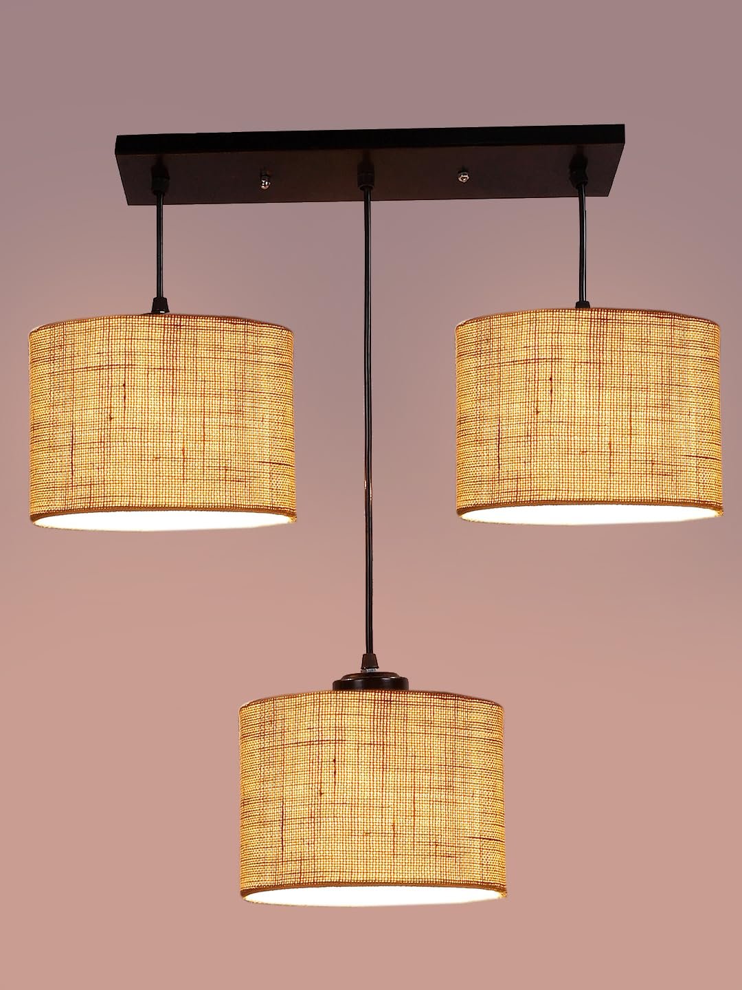 White Jute Round Drum Cluster Hanging Lamp (15X3.25X20) Inches