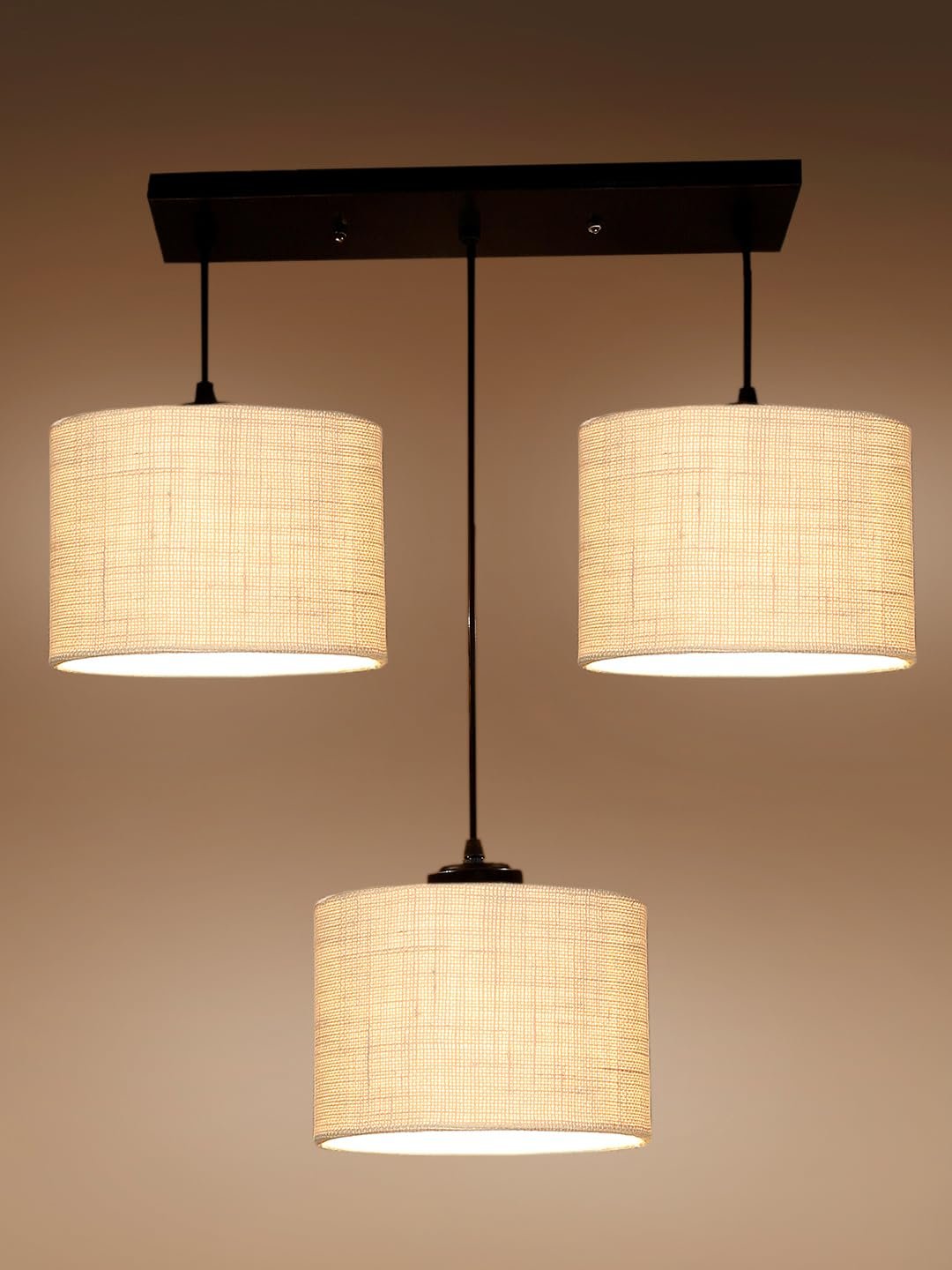 White Jute Round Drum Cluster Hanging Lamp (15X3.25X20) Inches