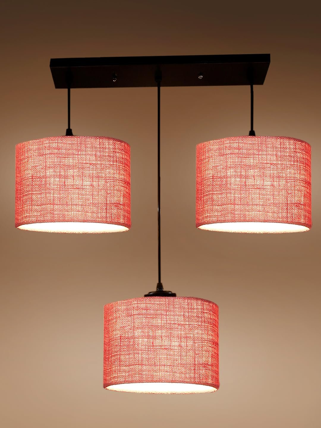Pink Jute Round Drum Cluster Hanging Lamp (15X3.25X20) Inches