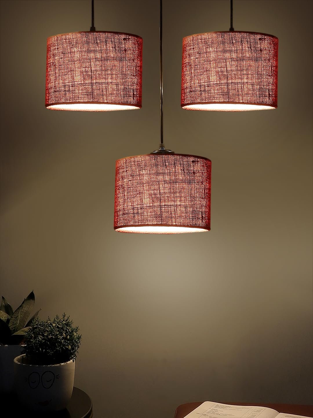Maroon Jute Round Drum Cluster Hanging Lamp (15X3.25X20) Inches