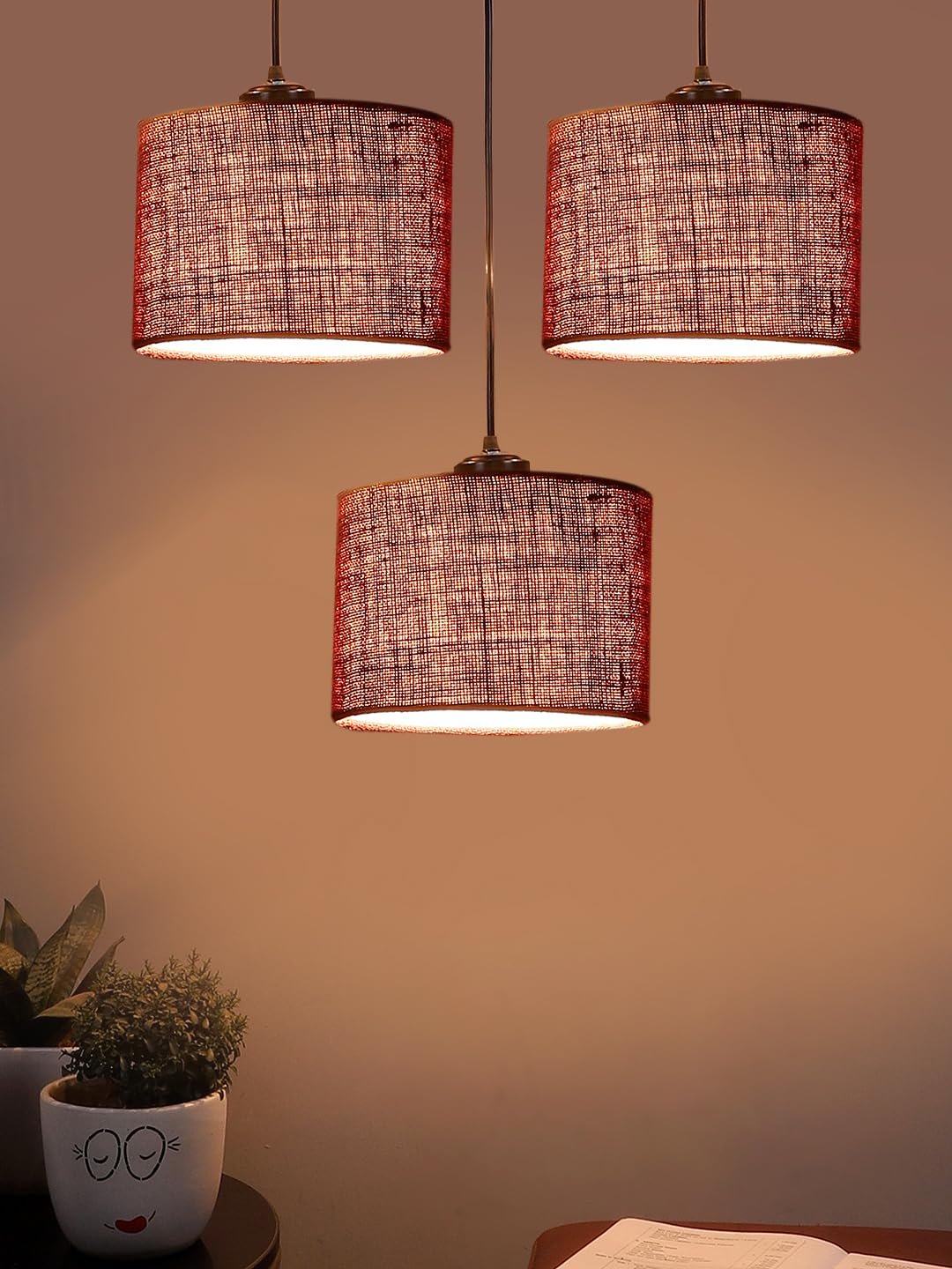 Maroon Jute Round Drum Cluster Hanging Lamp (15X3.25X20) Inches