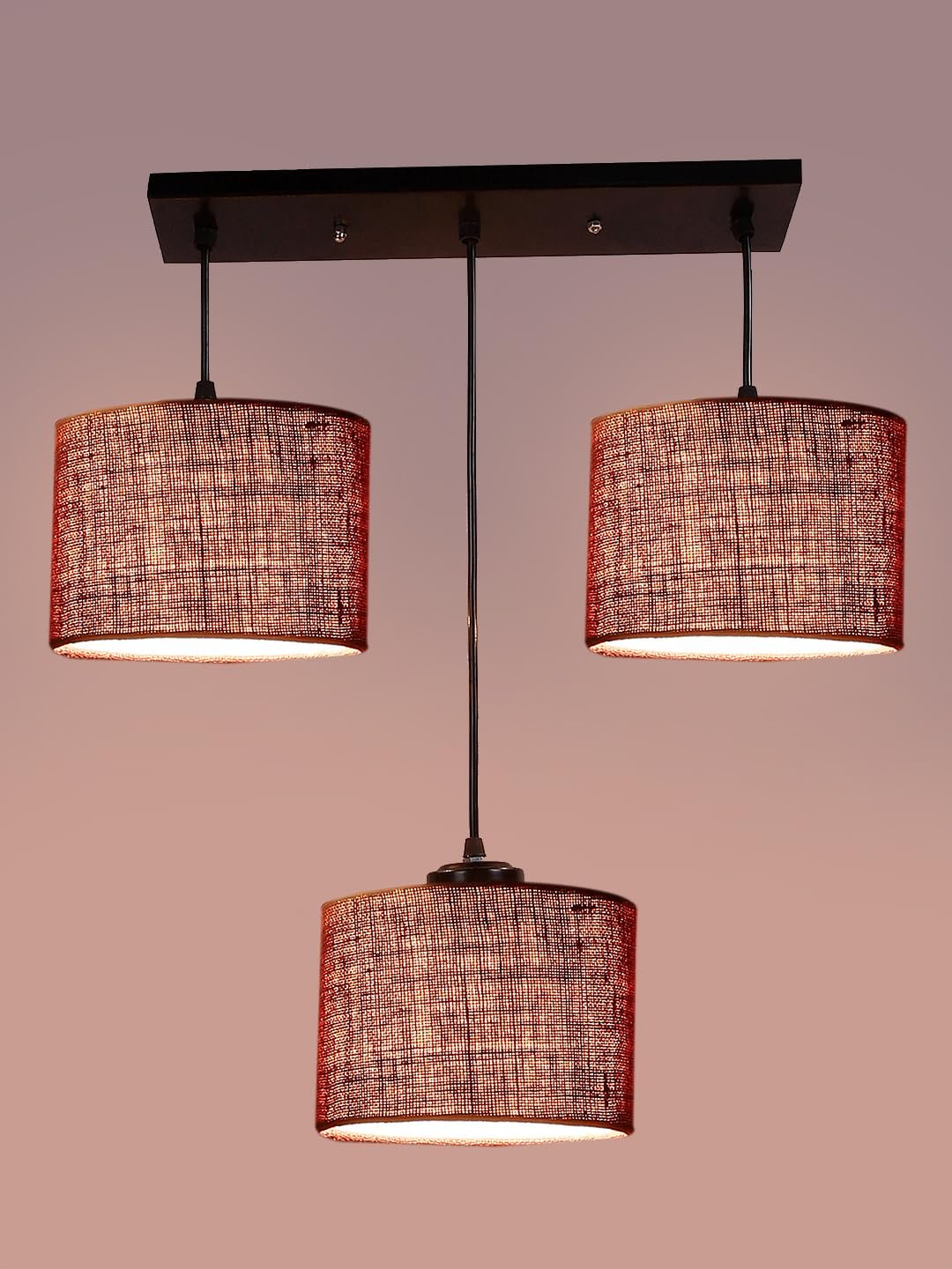 Maroon Jute Round Drum Cluster Hanging Lamp (15X3.25X20) Inches