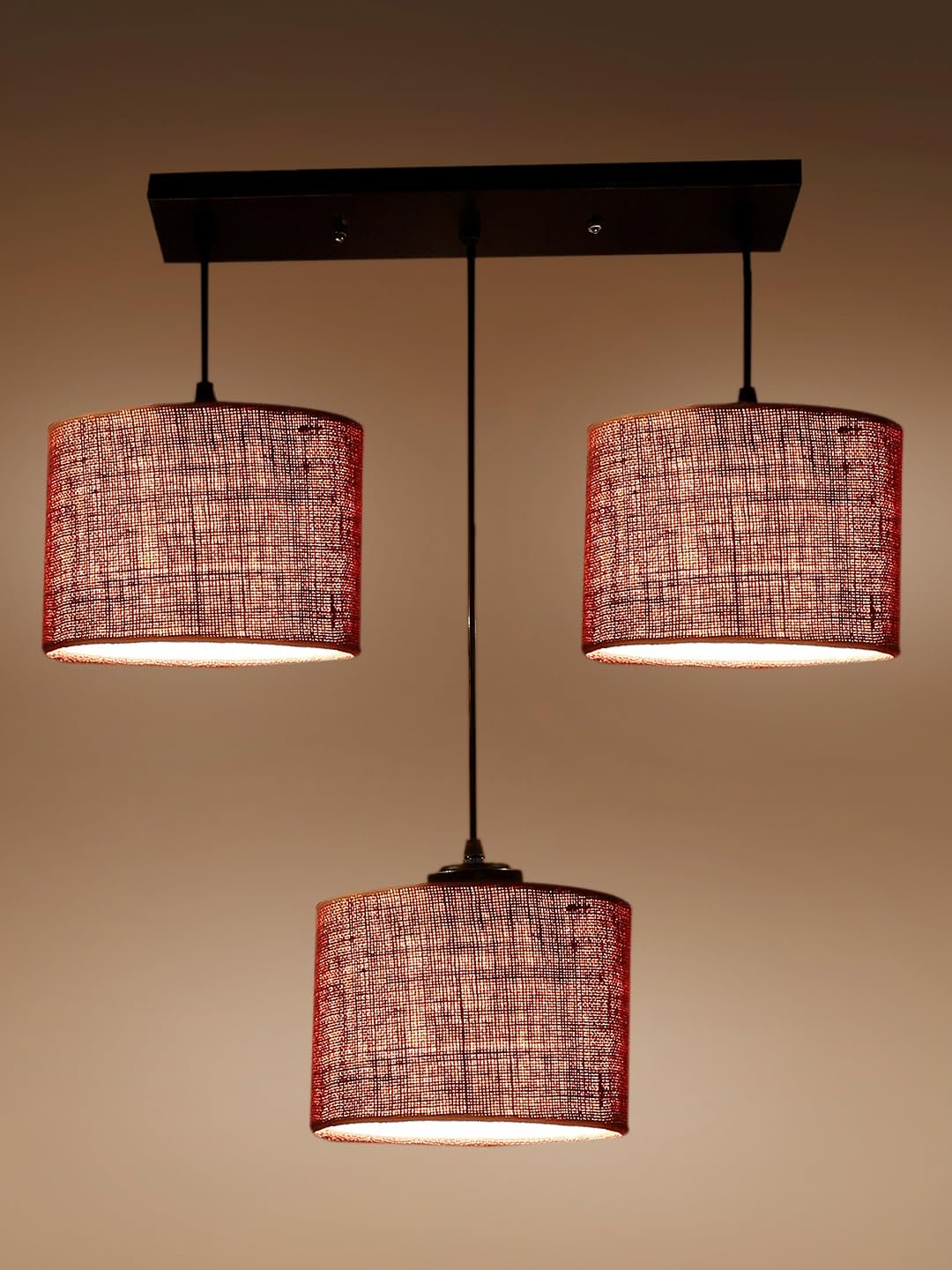 Maroon Jute Round Drum Cluster Hanging Lamp (15X3.25X20) Inches