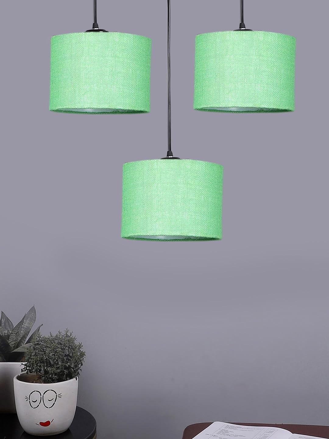 Green Jute Round Drum Cluster Hanging Lamp (15X3.25X20) Inches