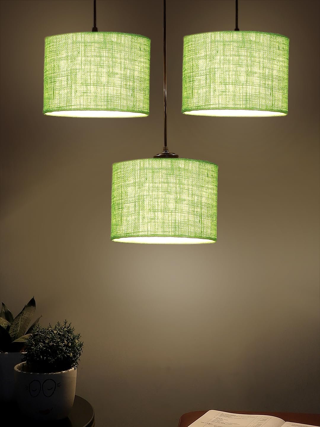 Green Jute Round Drum Cluster Hanging Lamp (15X3.25X20) Inches