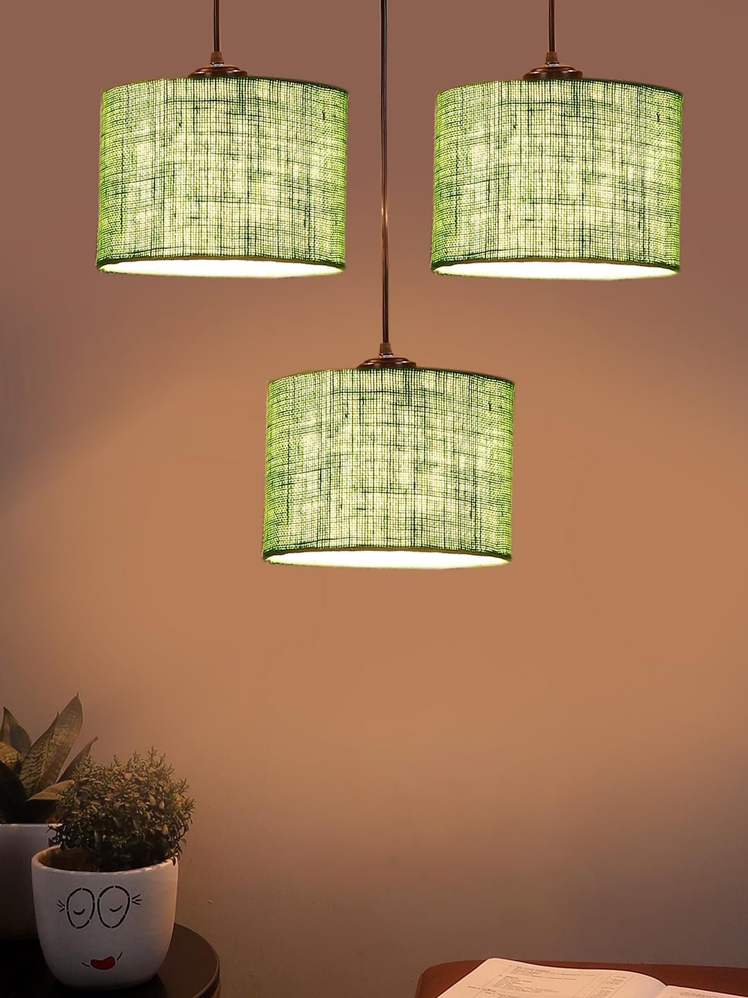 Green Jute Round Drum Cluster Hanging Lamp (15X3.25X20) Inches