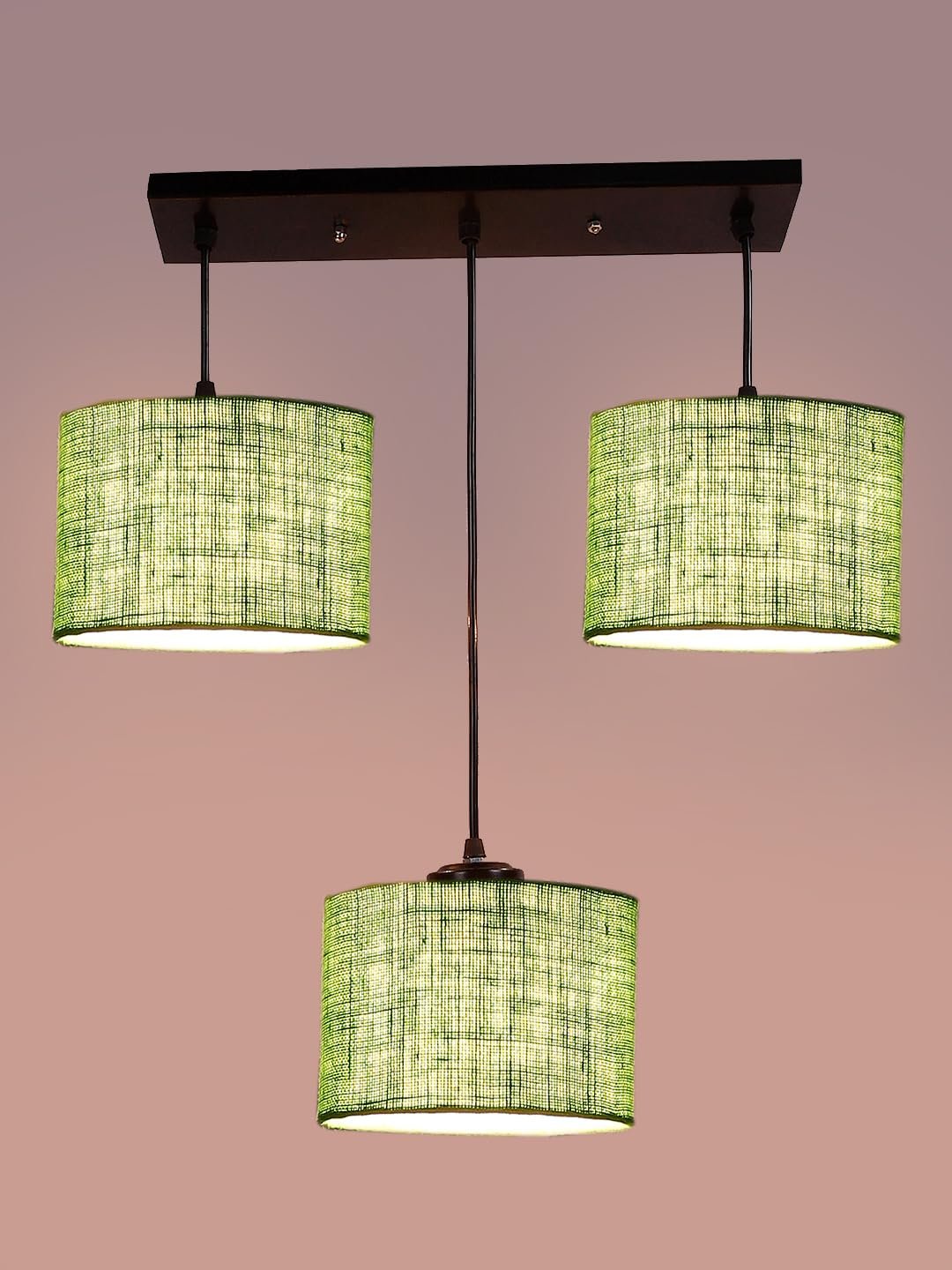Green Jute Round Drum Cluster Hanging Lamp (15X3.25X20) Inches
