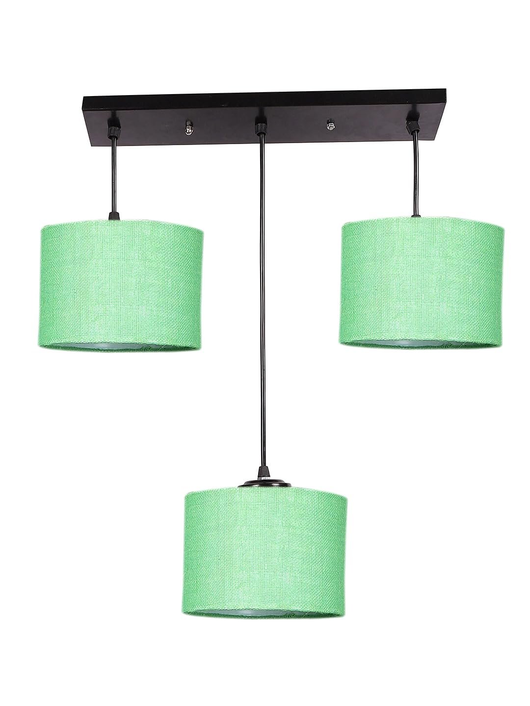 Green Jute Round Drum Cluster Hanging Lamp (15X3.25X20) Inches