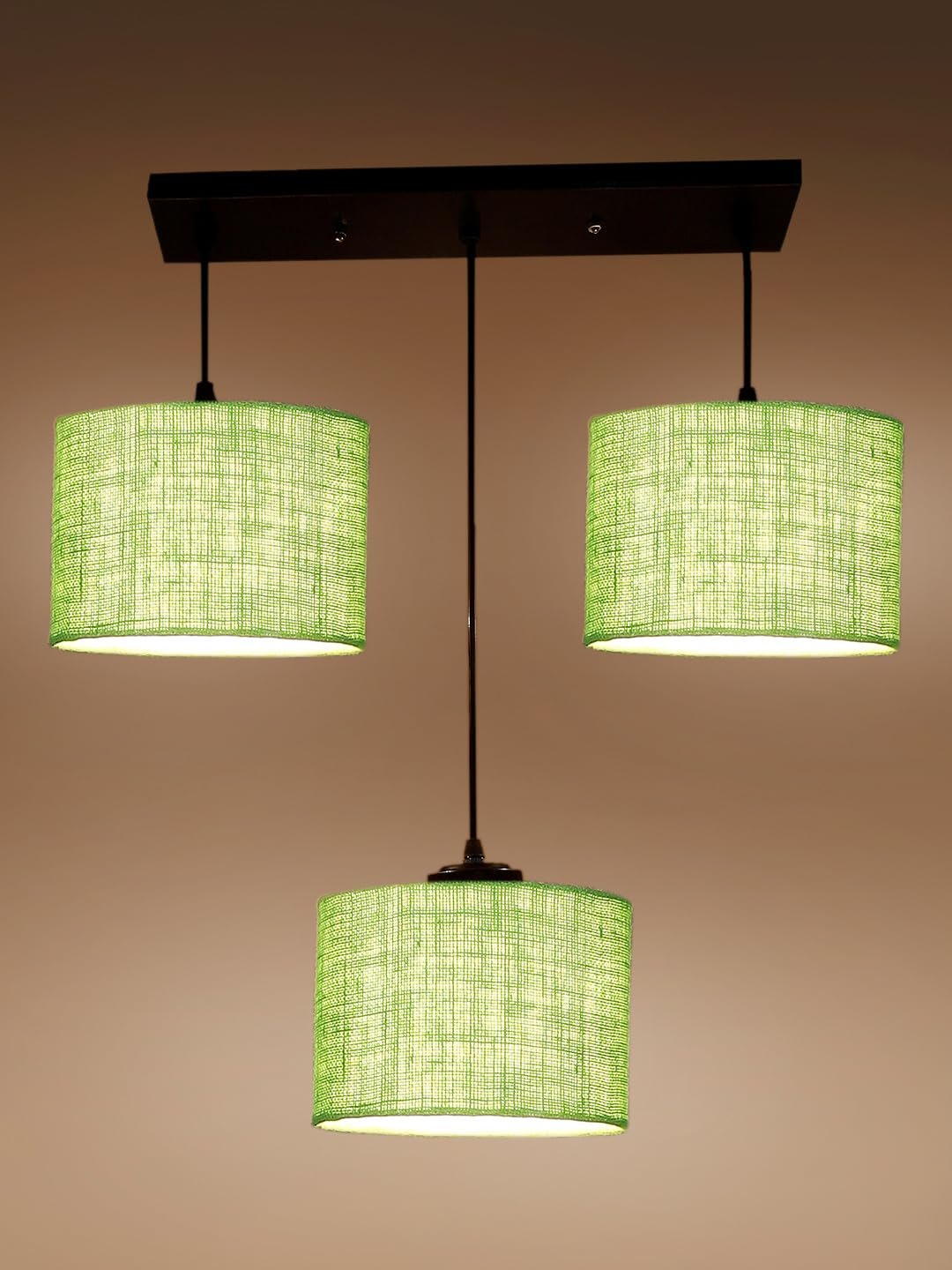 Green Jute Round Drum Cluster Hanging Lamp (15X3.25X20) Inches